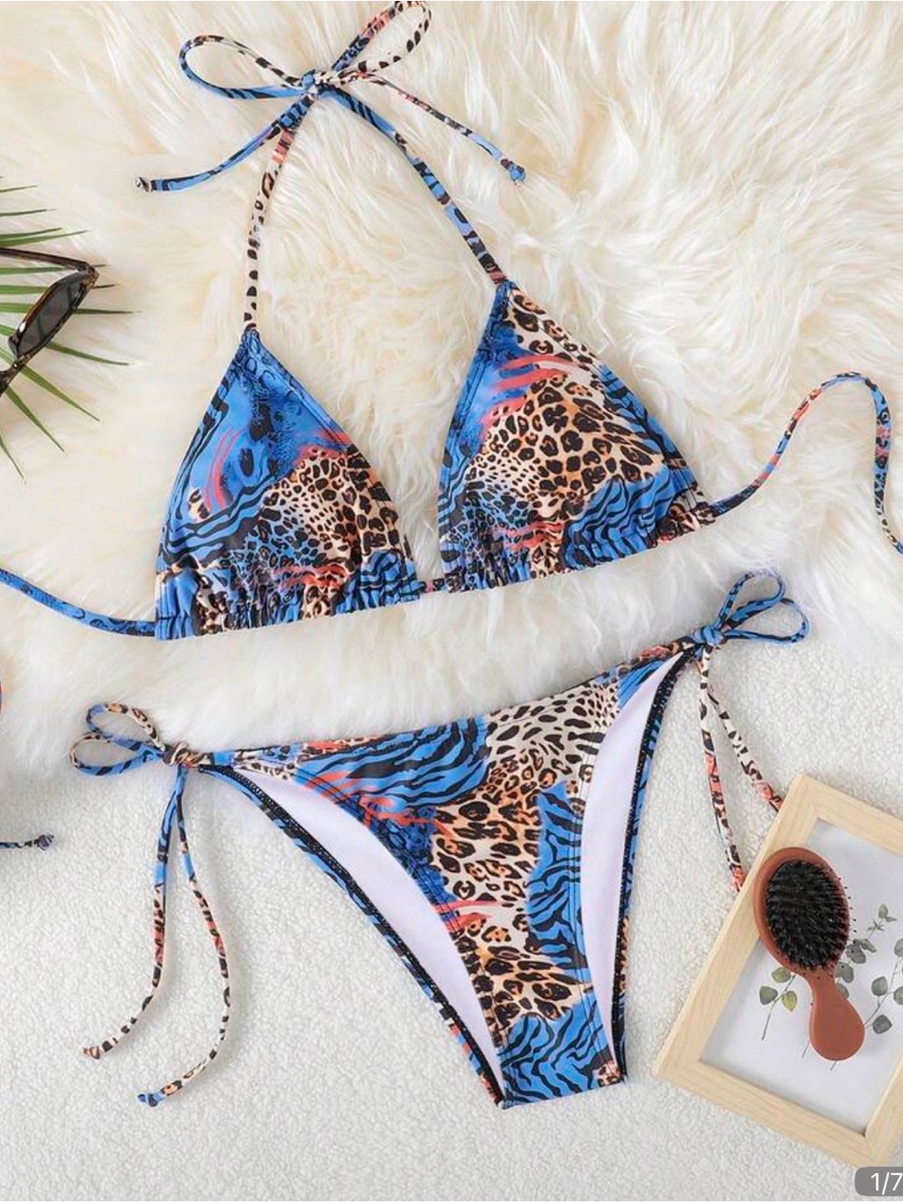 SHEIN Blue Leopard & Zebra Print Tie-Side Triangle Bikini